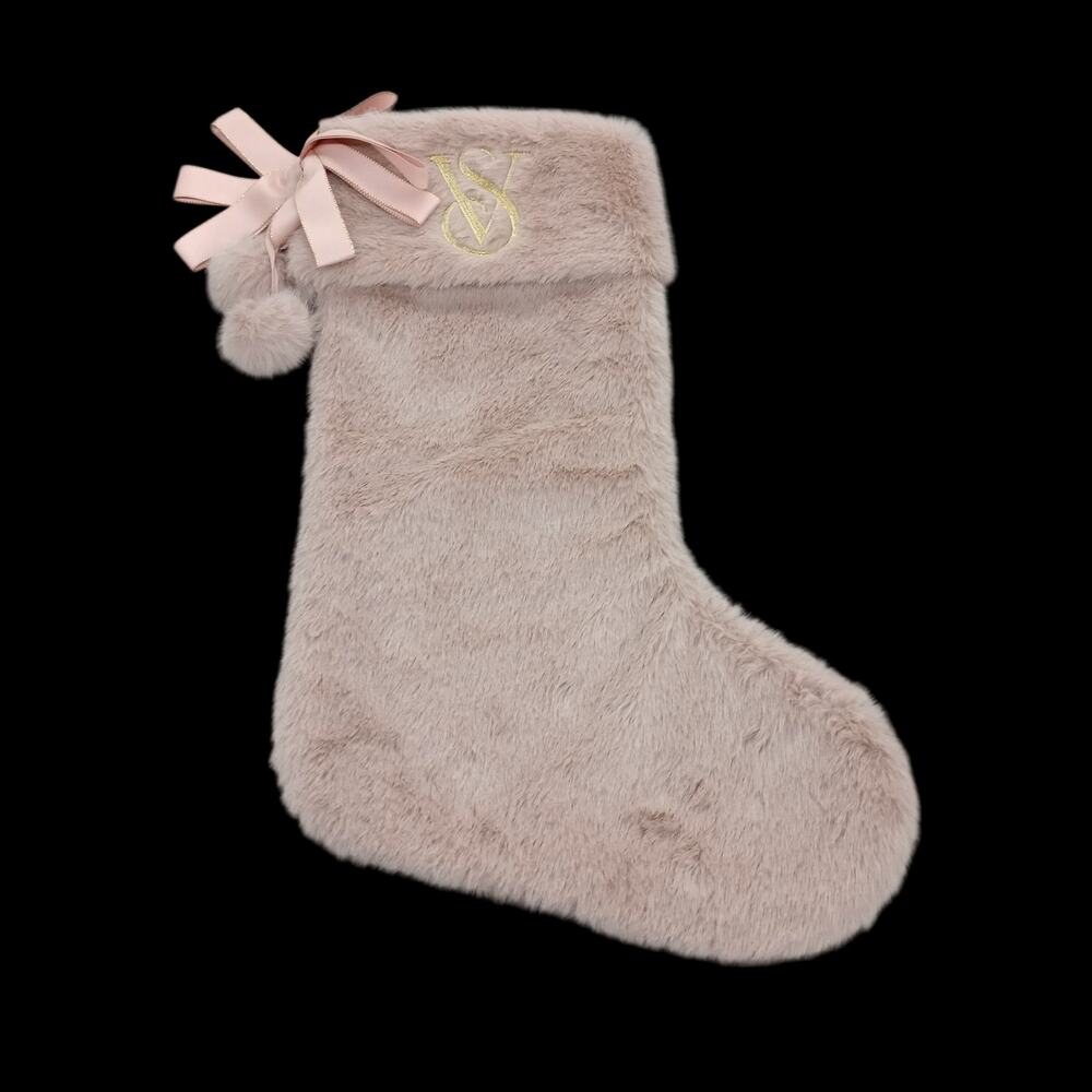 Victoria's Secret Faux Fur Christmas Stocking Pink Plush Bow Pom Pom VS Logo